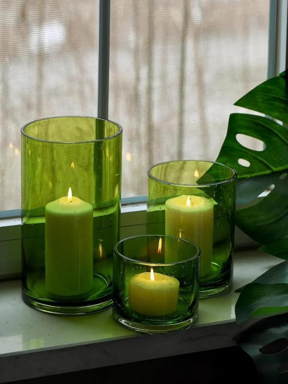 Set of 3 Spring Green Hurricane Candle Holders - Elegant Home Decor Accent